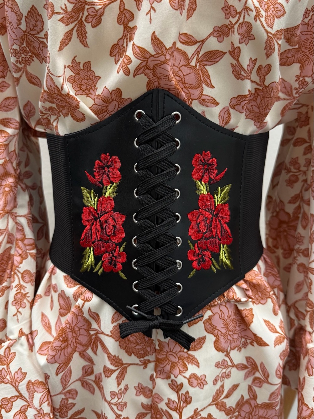 Black Floral Embroidered Corset Waist Belt Elastic Cinch Belt Faux Leather